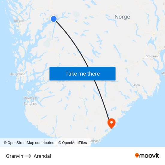 Granvin to Arendal map