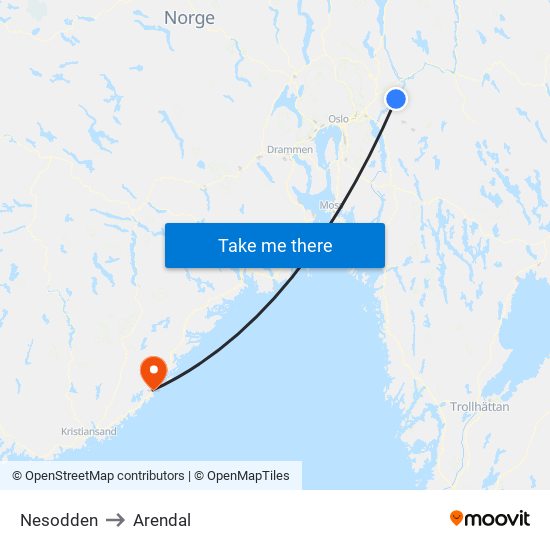 Nesodden to Arendal map