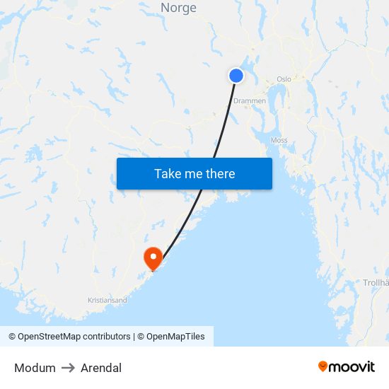 Modum to Arendal map