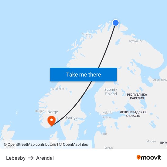 Lebesby to Arendal map