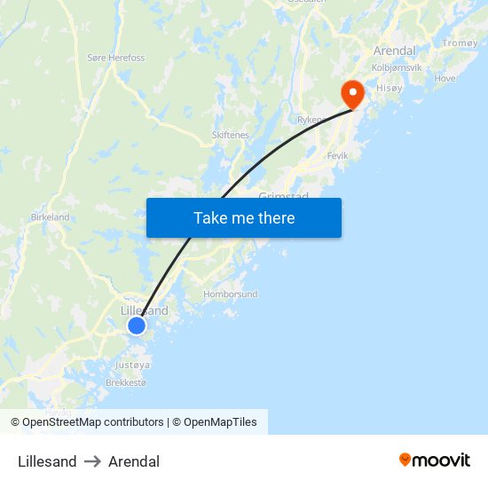 Lillesand to Arendal map