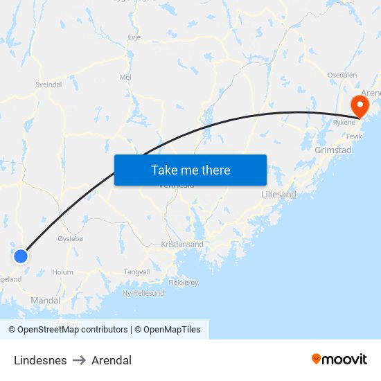 Lindesnes to Arendal map