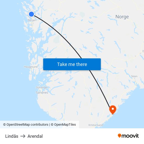 Lindås to Arendal map