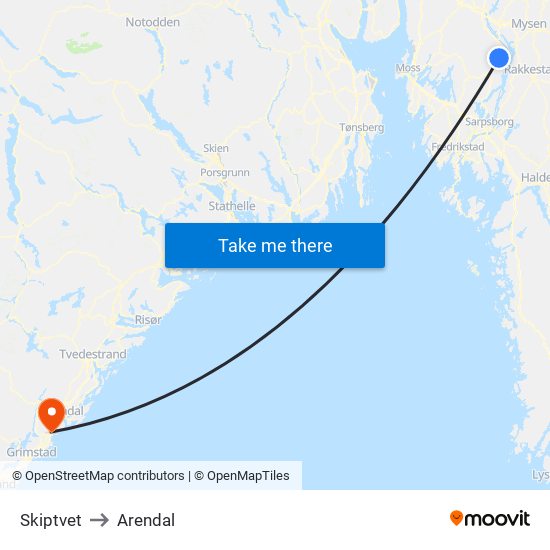 Skiptvet to Arendal map