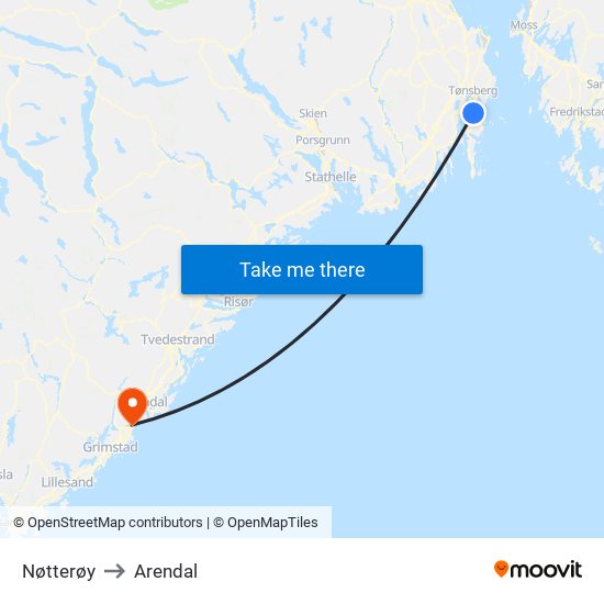 Nøtterøy to Arendal map