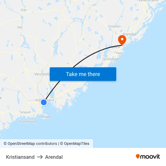 Kristiansand to Arendal map