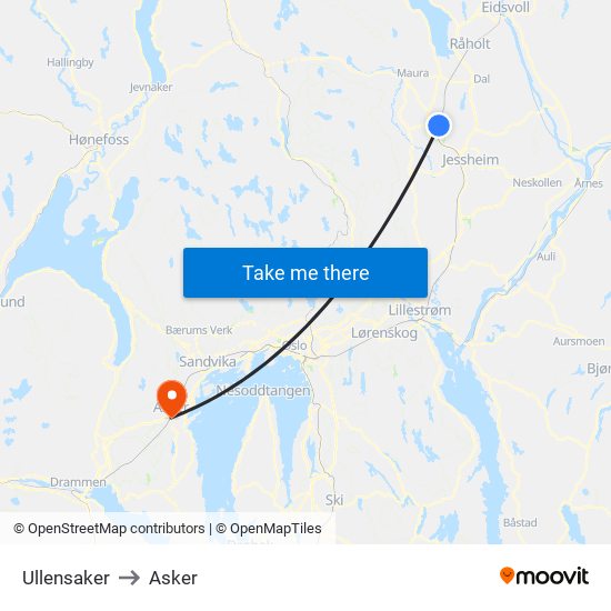 Ullensaker to Asker map