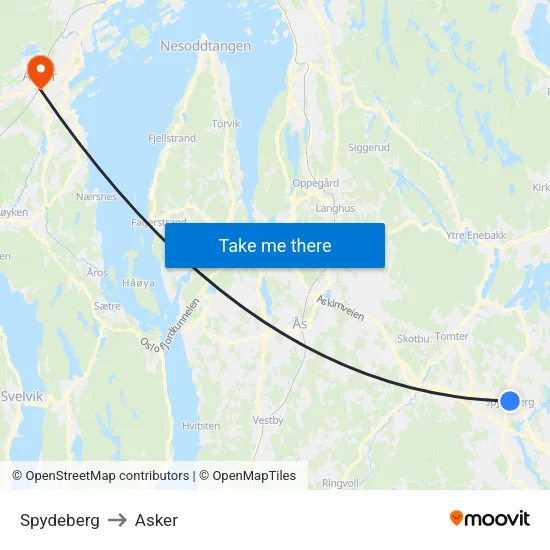 Spydeberg to Asker map