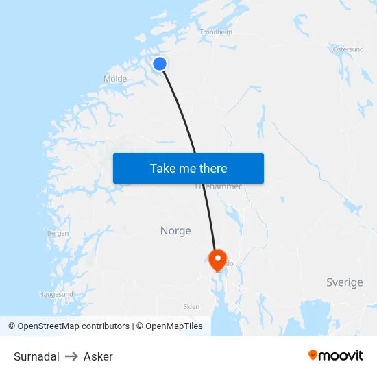 Surnadal to Asker map