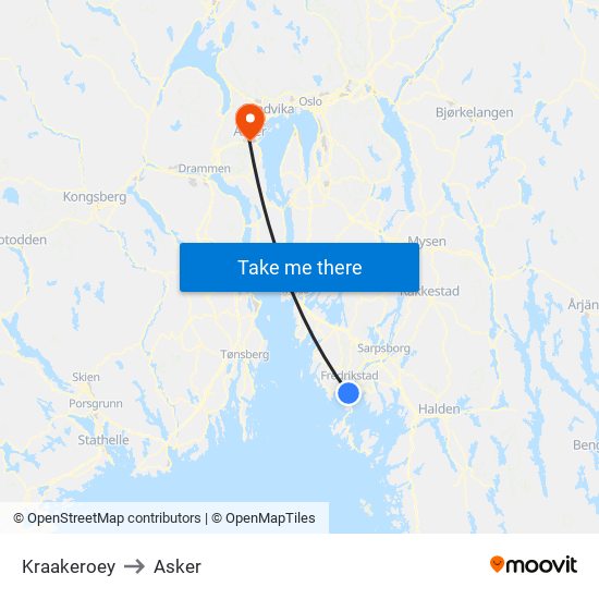 Kraakeroey to Asker map
