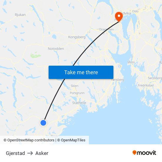 Gjerstad to Asker map