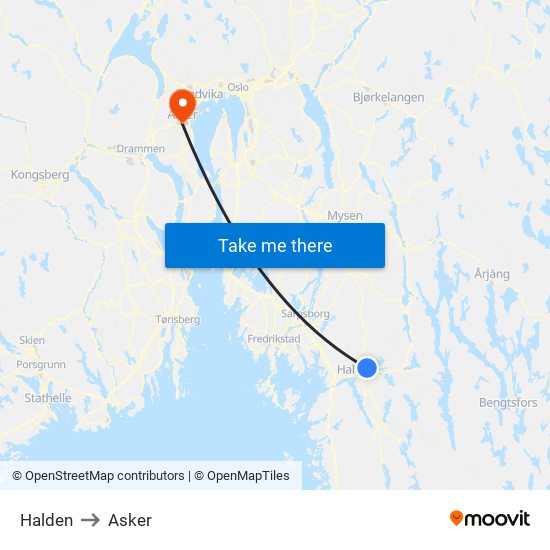 Halden to Asker map