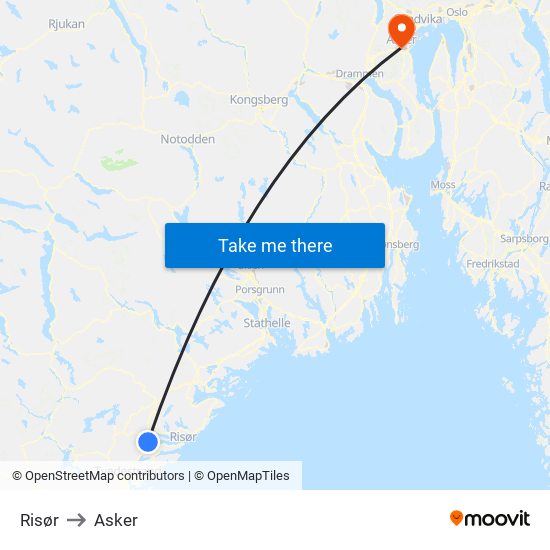 Risør to Asker map