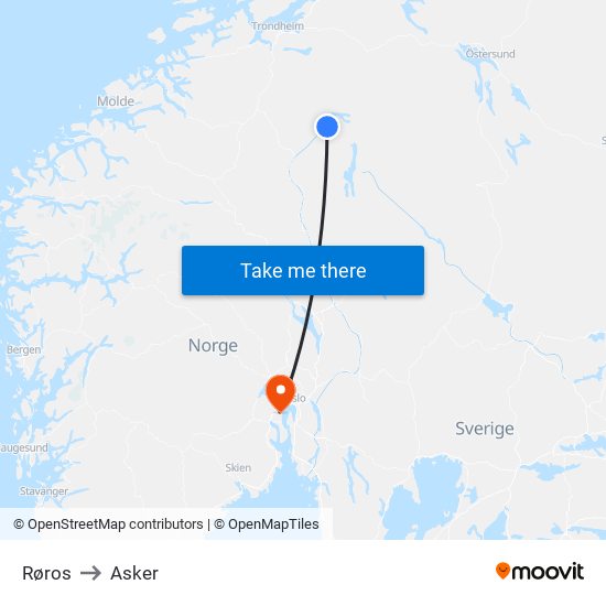 Røros to Asker map