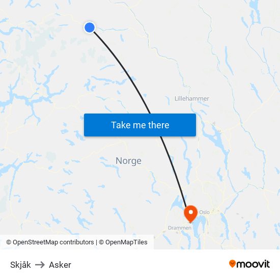 Skjåk to Asker map