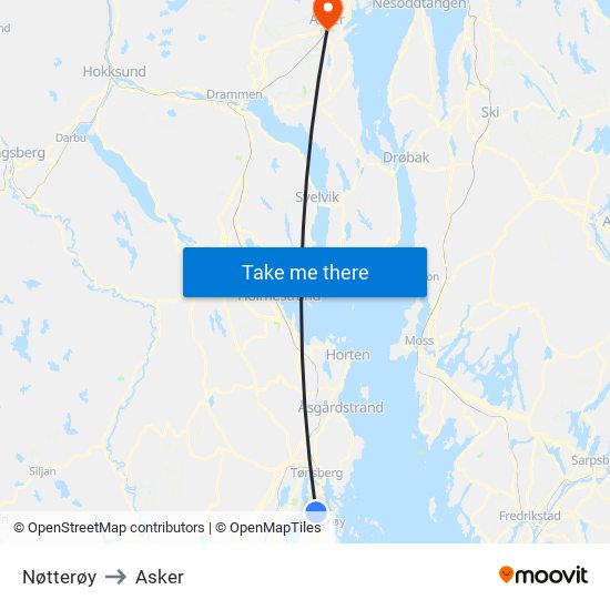 Nøtterøy to Asker map