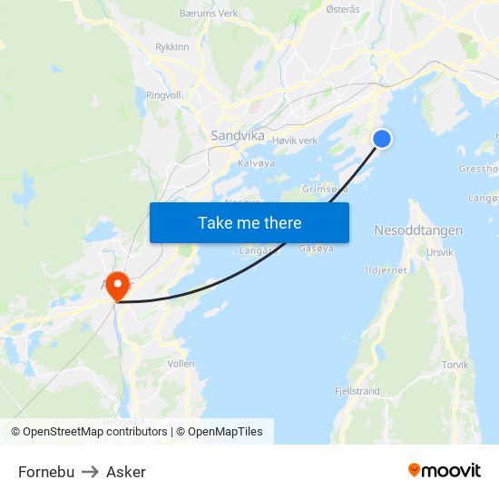 Fornebu to Asker map