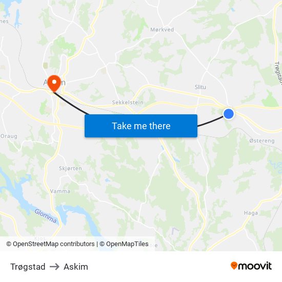 Trøgstad to Askim map