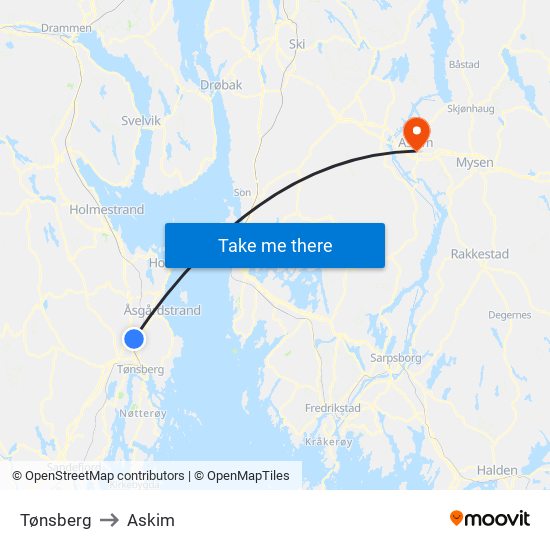 Tønsberg to Askim map