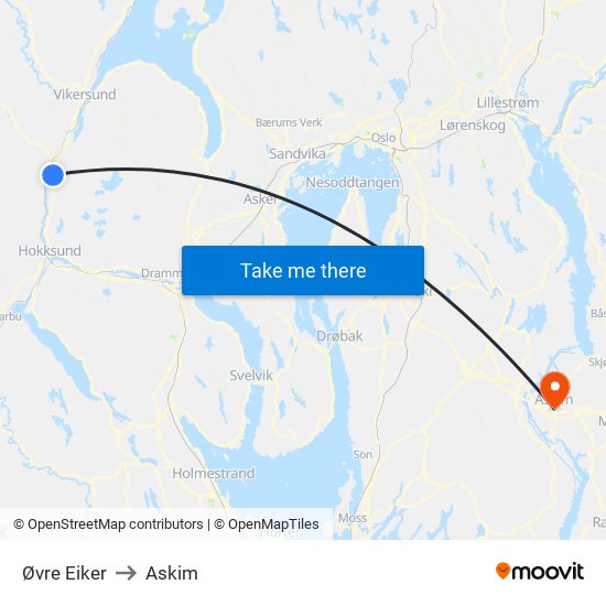 Øvre Eiker to Askim map