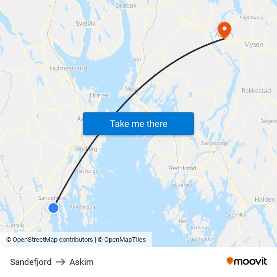 Sandefjord to Askim map