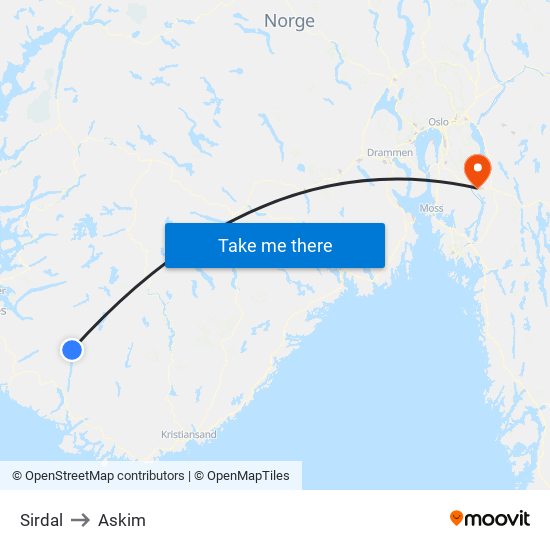 Sirdal to Askim map