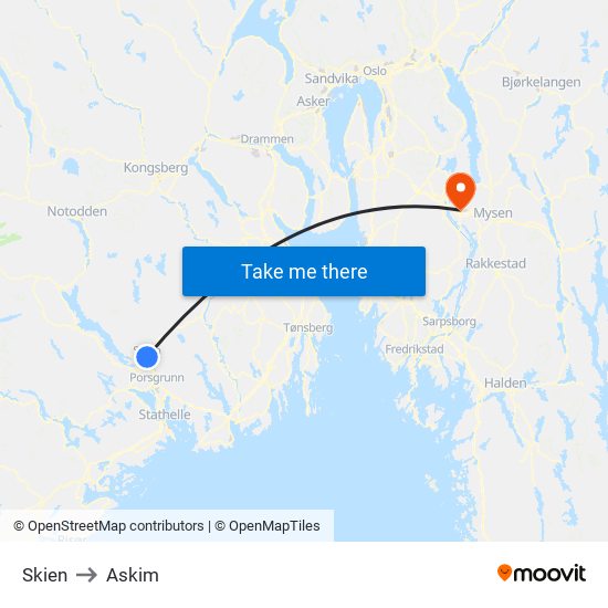 Skien to Askim map