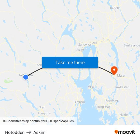 Notodden to Askim map