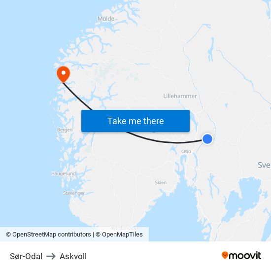 Sør-Odal to Askvoll map