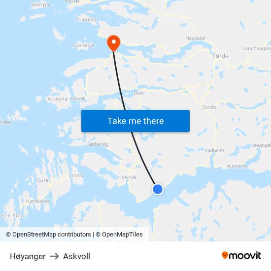 Høyanger to Askvoll map