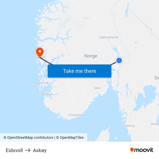 Eidsvoll to Askøy map