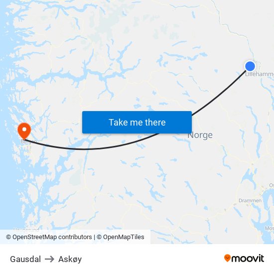 Gausdal to Askøy map