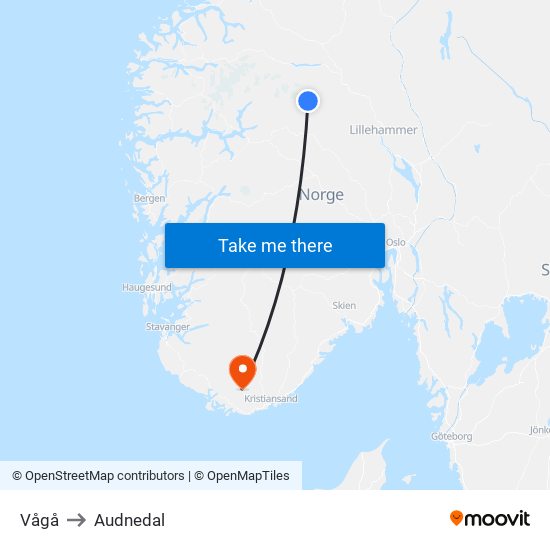 Vågå to Audnedal map