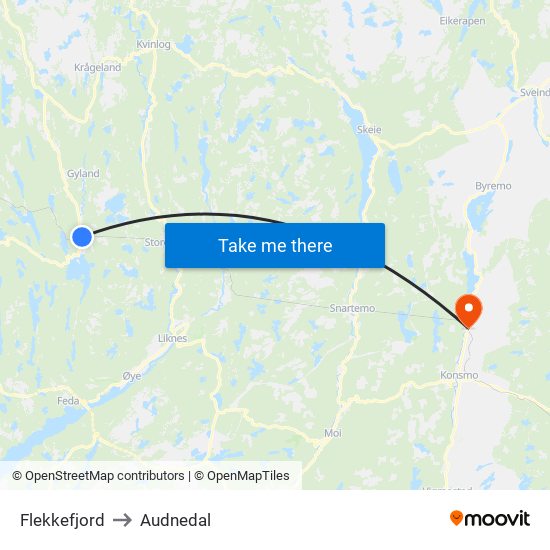 Flekkefjord to Audnedal map