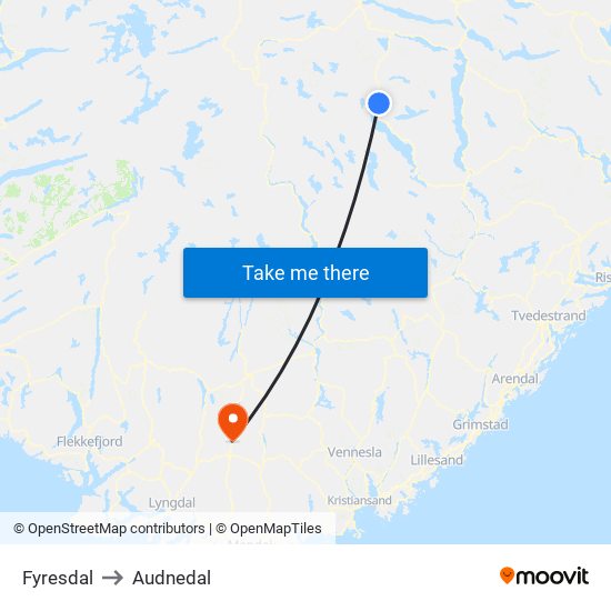 Fyresdal to Audnedal map