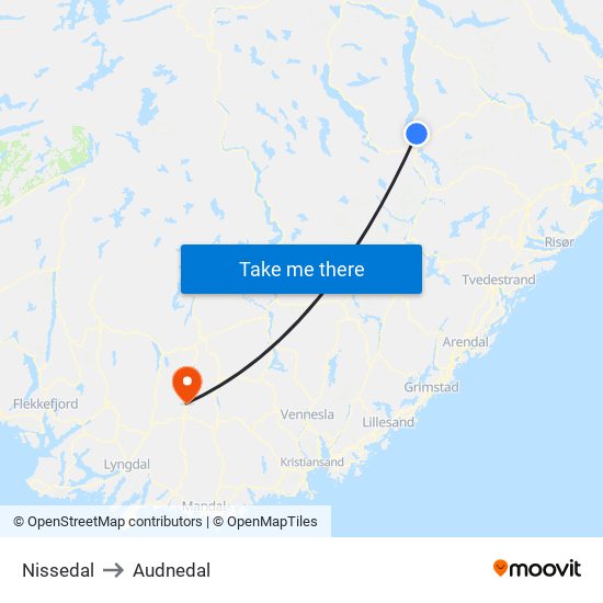 Nissedal to Audnedal map