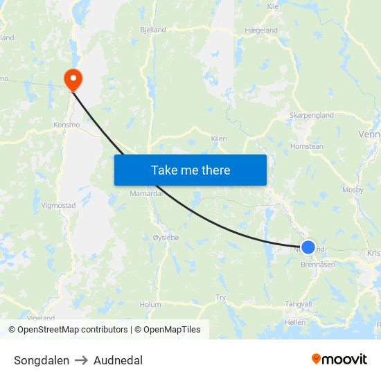 Songdalen to Audnedal map