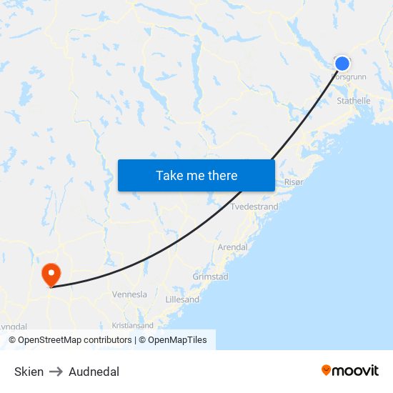 Skien to Audnedal map