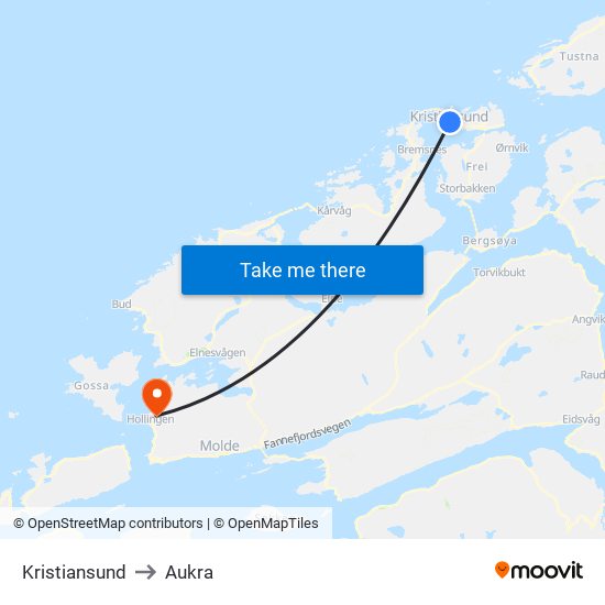 Kristiansund to Aukra map