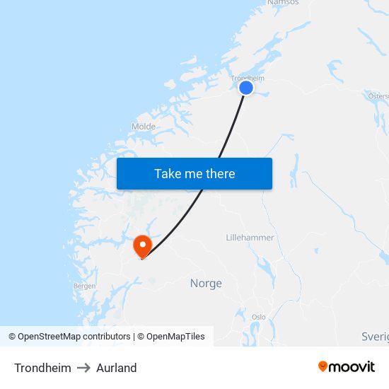 Trondheim to Aurland map