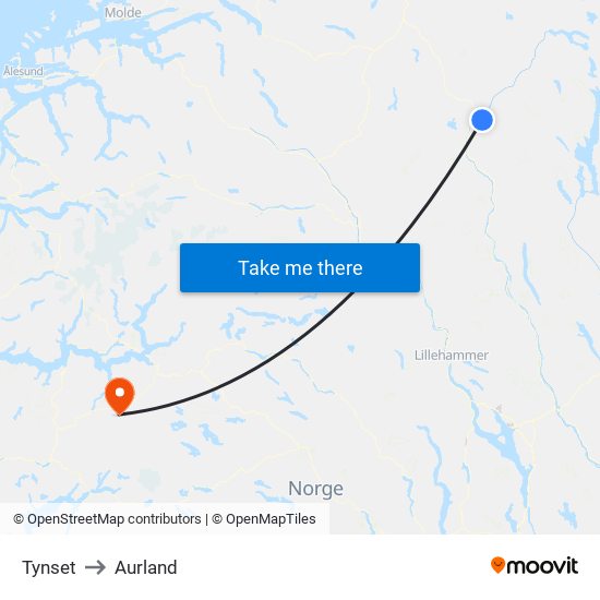 Tynset to Aurland map