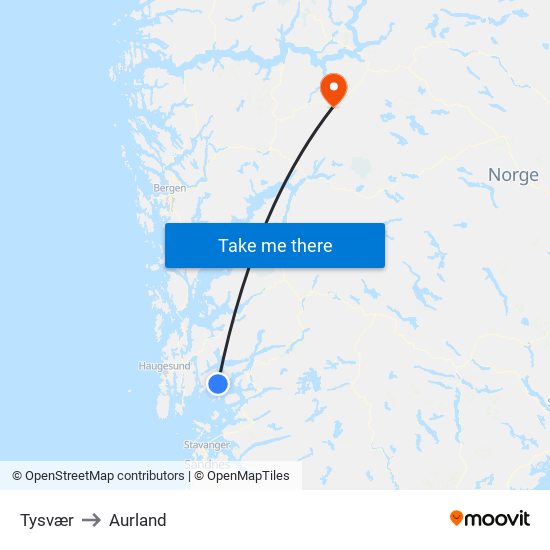 Tysvær to Aurland map