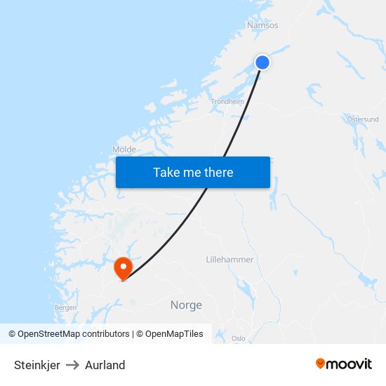 Steinkjer to Aurland map