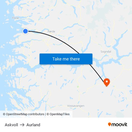 Askvoll to Aurland map