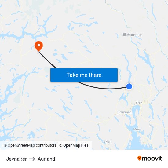 Jevnaker to Aurland map