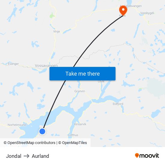 Jondal to Aurland map