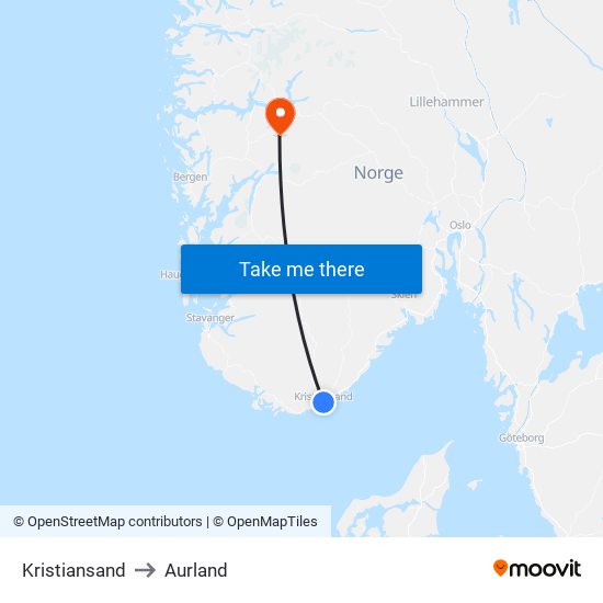 Kristiansand to Aurland map