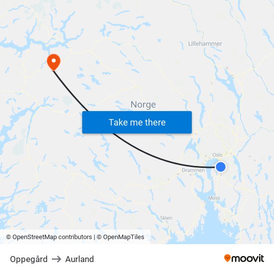 Oppegård to Aurland map