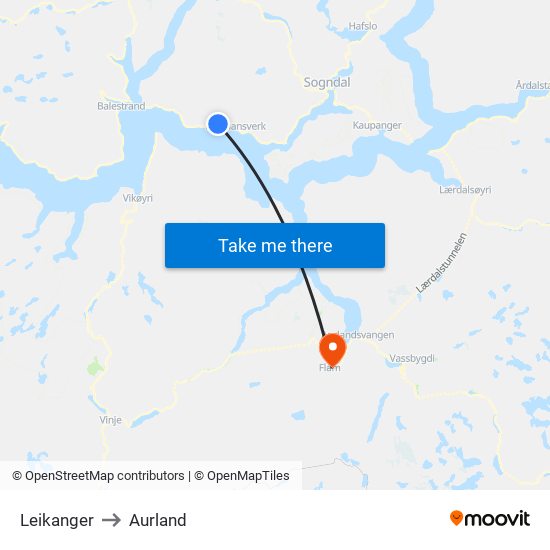 Leikanger to Aurland map