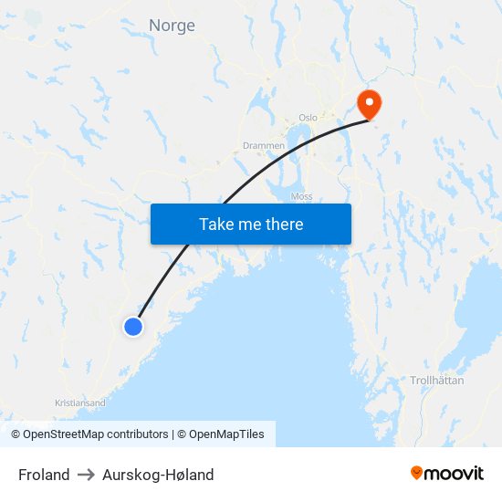 Froland to Aurskog-Høland map